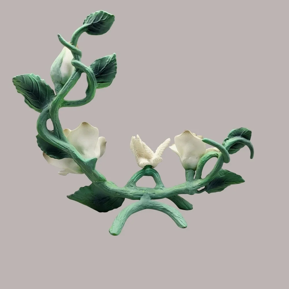 Vintage Metal And Porcelain Floral Figurine White Dove Shelf Decor